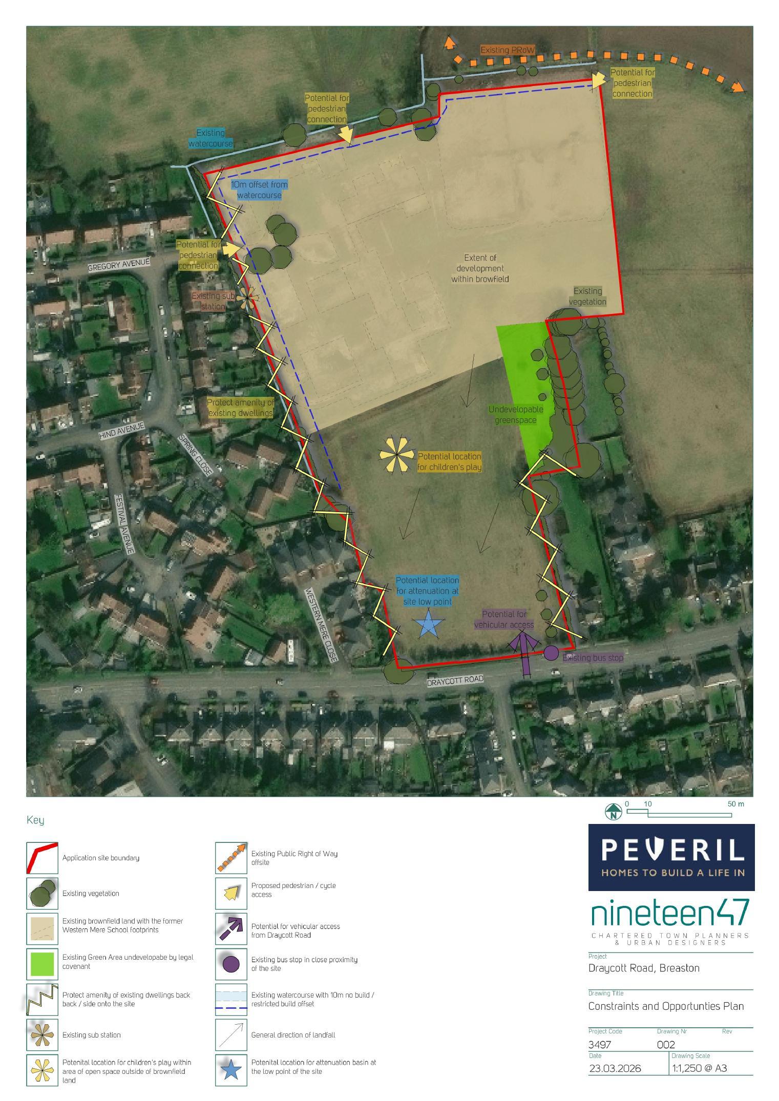 Constraints and opportunities plan showing the Green Belt boundary, Breaston Conservation Area boundary, public rights of way, watercourses and trees on or around the site.