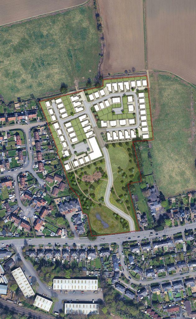 Aerial illustrative masterplan showing the proposed layout on the former Western Mere School site — homes concentrated on the northern half, a country park with attenuation pond to the south, and a single new access from Draycott Road.