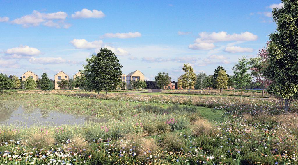 Computer-generated view from the southern country park looking north over a wildflower meadow and attenuation pond toward the proposed houses.